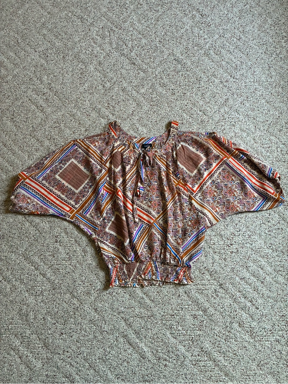Rue21 Boho Patchwork Open-Shoulder Blouse in Brown, Cream and Rust